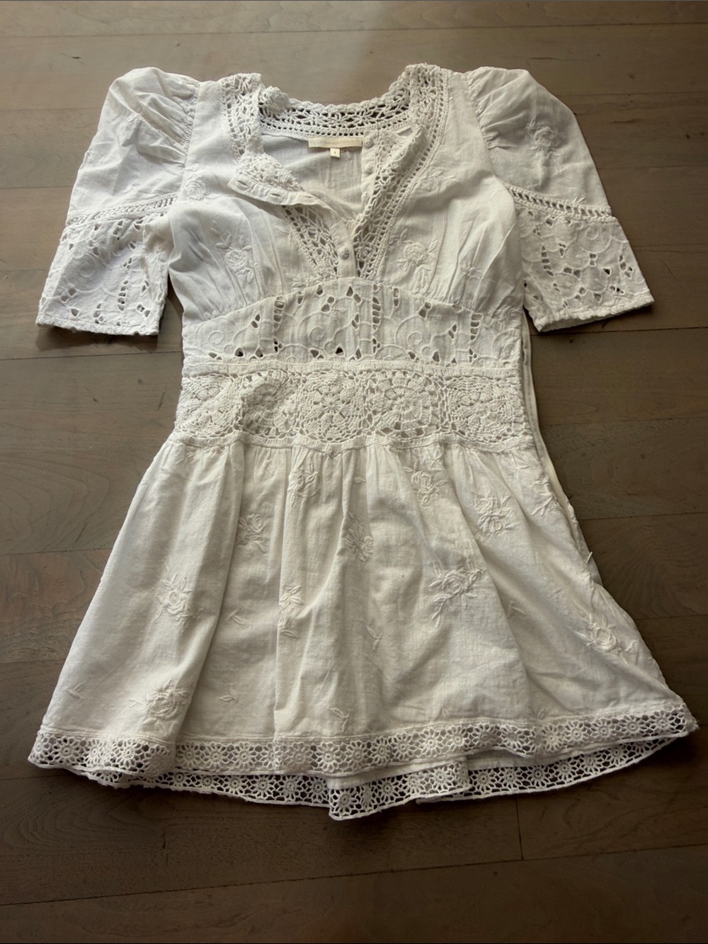 LoveShackFancy Crochet-Trim Puff Sleeve Mini Dress - Picture 1 of 3
